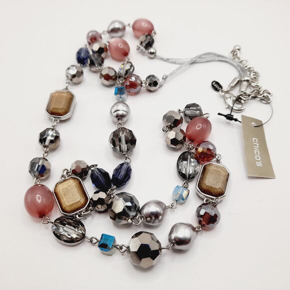 Chico’s Multi Strand Beaded Necklace NWT Silver Tone Mixed Beads 44 Inch - Picture 6 of 9